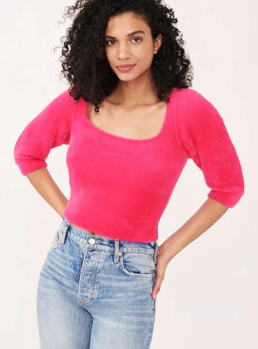 Free People Moonbeam Sweater Small Hot Pink Cropped Puff Sleeve Soft Knit